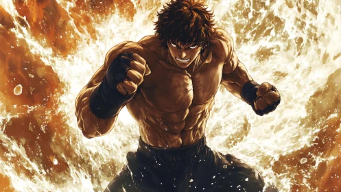 Determined anime fighter framed by explosive water burst.