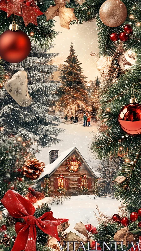 Snowlit cabin wrapped in sparkling Christmas forest magic.