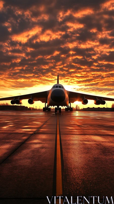 Widebody jet stands on wet runway under intense sunset sky