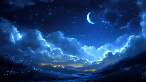 Moonlit clouds drift softly above a quiet starlit valley