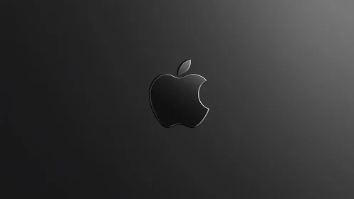 Glossy black apple emblem on sleek dark gradient background.