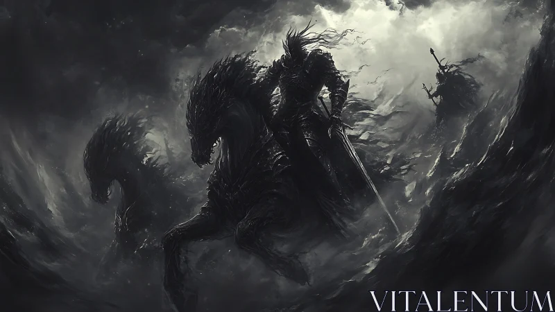 Dark spectral rider commands shadow warhorses in storm.