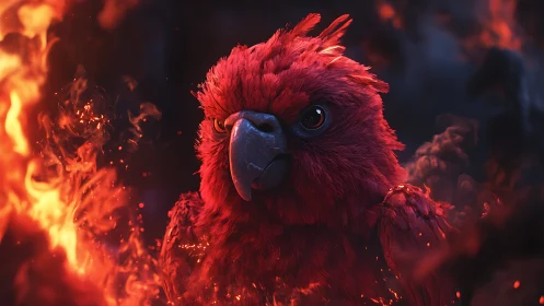 Majestic red parrot in flames, fantasy digital art portrait.