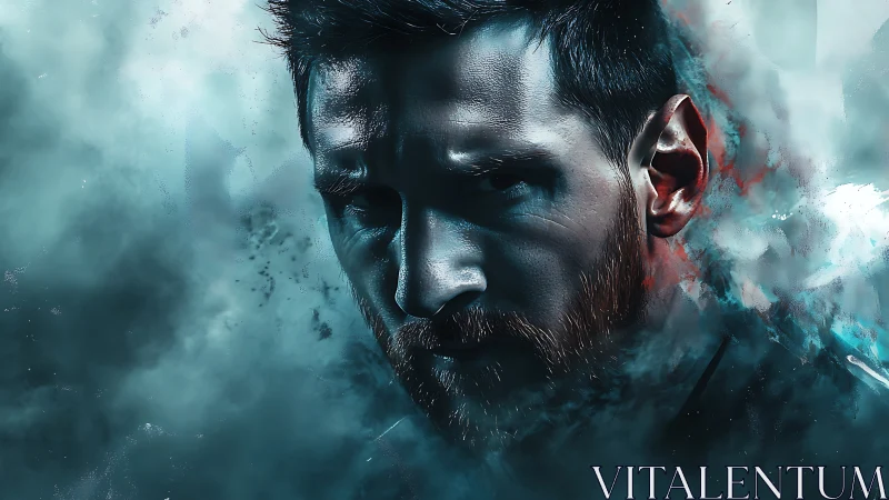 Moody digital portrait of intense bearded male face.