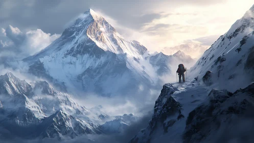 Solo climber greeting a sunlit, snow-draped mountain world.