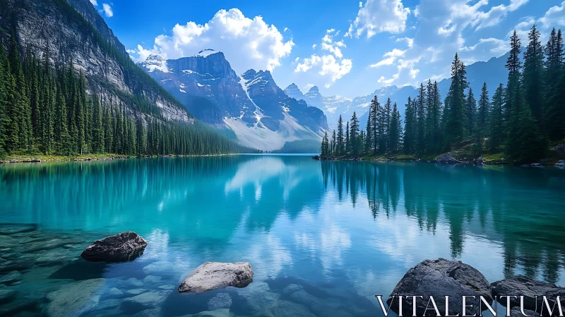 Still turquoise lake cradled by mountains and tall pines.