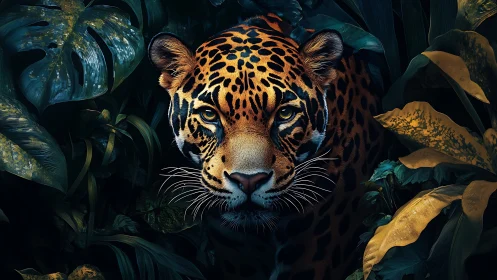 Digital painting portrait of jaguar emerging from tropical foliage.