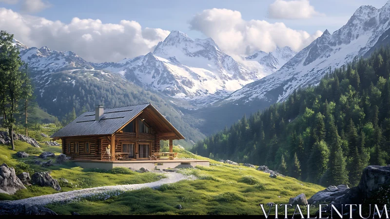 Log cabin architecture within alpine glacial valley environment.