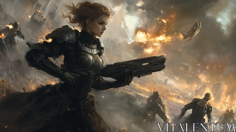 Armored infantry advance through burning urban battlefield