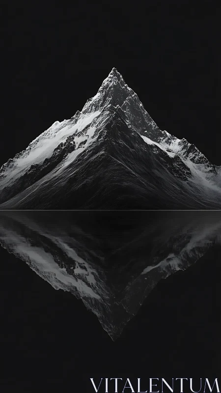 Symmetric monochrome alpine peak with mirror-lake reflection