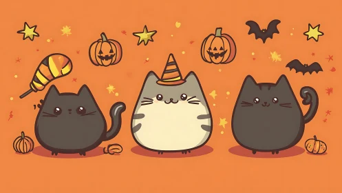 Three Halloween Felines: Digital Vector Illustration with Stylized Character Design.