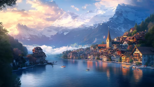 Sunlit lakeside village resting beneath glowing alpine peaks.