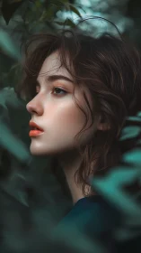 Digital profile portrait of young woman in dense foliage.
