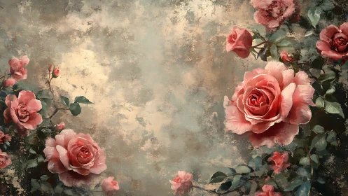 Pink Roses Against Distressed Textured Wall Surface