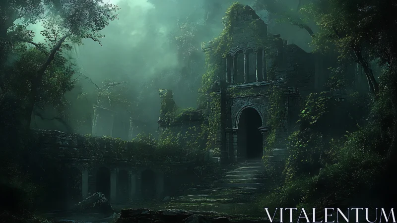Overgrown stone ruin in dense misty forest at twilight.