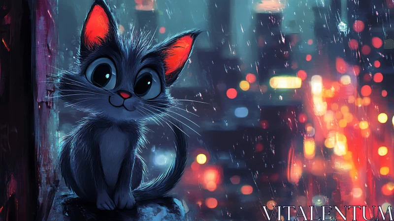 Neon-Eyed Feline in Urban Rain.