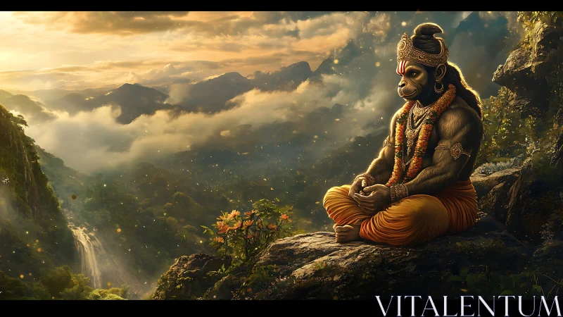 Monkey-headed deity meditates on cliff above misty valley