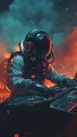 Cyberpunk astronaut DJ at neon control deck in flames.