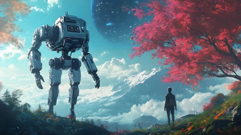 Humanoid exploration mech with figure under crimson alien tree