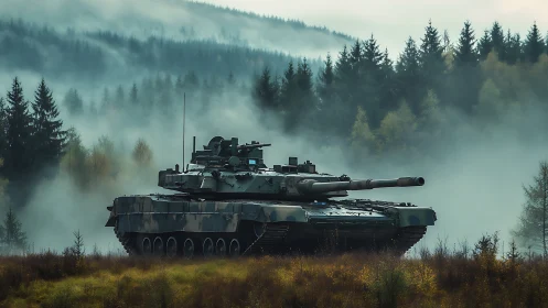 Modern battle tank in misty conifer forest landscape.