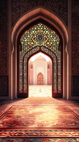 Intricate mosque portal framing sunlit inner courtyard.