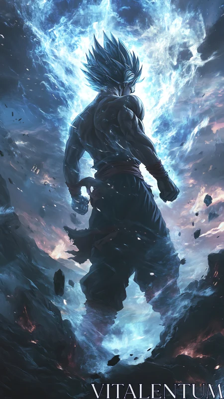 Energy-charged warrior emerges amid swirling cosmic storm.