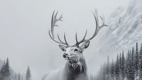 White stag with tall antlers in snowy mountain forest scene.
