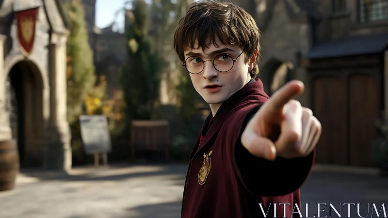 Young robed student pointing forward in stone courtyard scene.