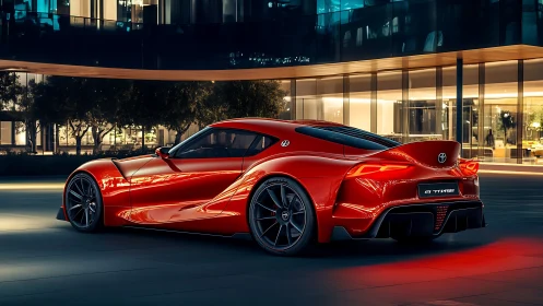 Sleek red sports coupe glows against modern glass offices at dusk