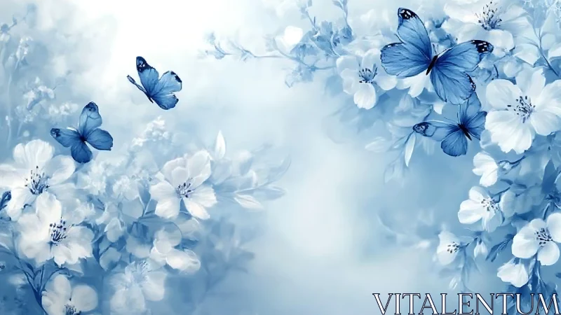 Soft blue butterflies drift gently over luminous spring blooms
