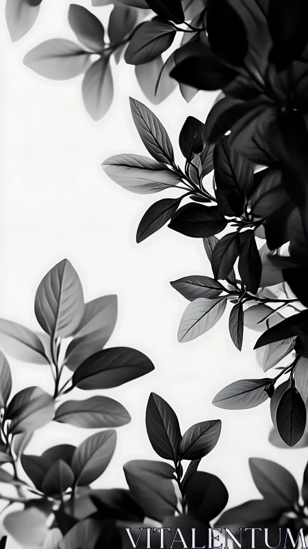 Monochrome botanical leaves framing a bright white space.