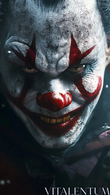 Sinister clown portrait with cracked makeup and golden grin.