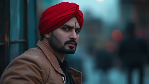Warm city evening portrait with bold red turban and gaze.