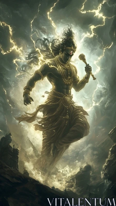Mythic storm deity strides through lightning filled sky.