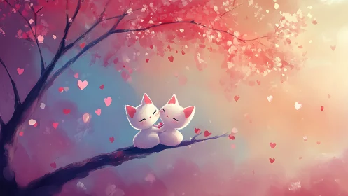 Two white cats on branch beneath flowering tree with falling hearts.