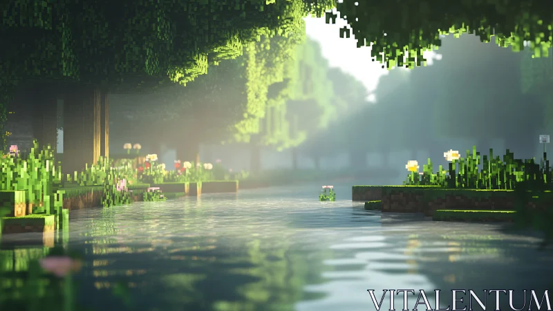 Pixel river dawn drifts through luminous blocky forest.