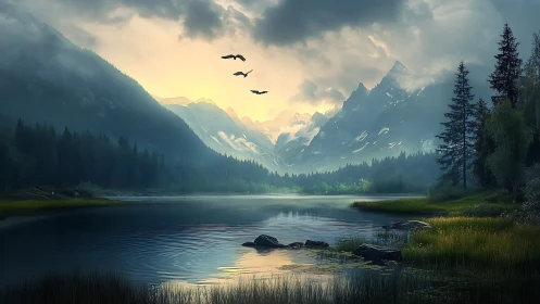 Mountain lake landscape shows forested slopes and cloud cover