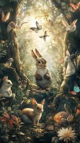 Enchanted forest clearing shows luminous rabbits in soft backlight