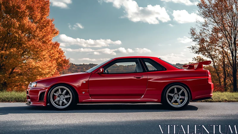 Red sports coupe in side profile under warm autumn daylight