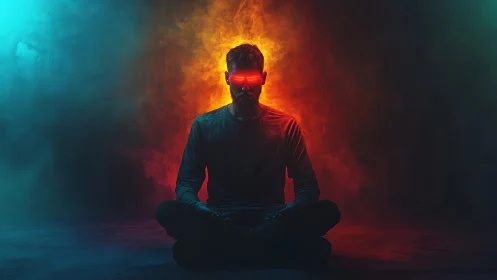 Cybernetic meditator in dual-tone neon atmospheric haze.