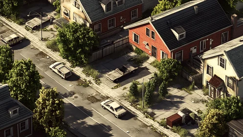 Sunlit abandoned suburb shows overgrown, silent streets.