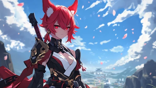 Fox-eared swordswoman over sunlit valley panorama.