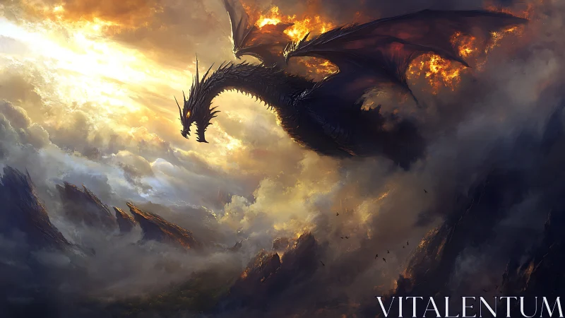 Volcanic sky dragon descends through stormlit clouds in dynamic flight