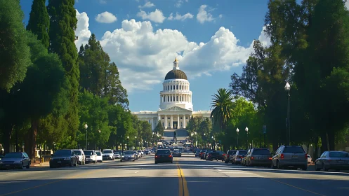 Capitol building framed by tree lined boulevard in daylight.