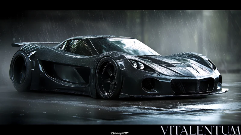 Sleek black supercar hugs the wet track in a dramatic downpour
