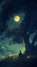 Child sits beneath large moonlit tree on glowing hillside