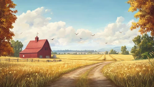 Golden country road leads past a cozy red barn home