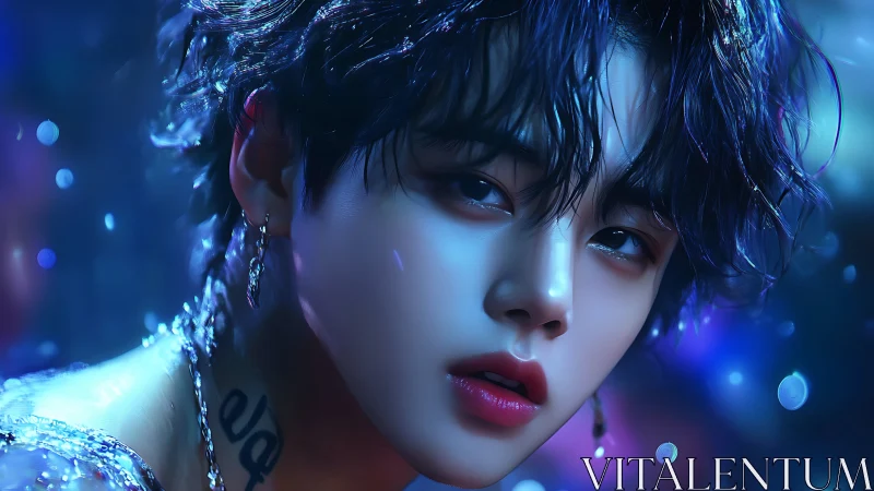 Iridescent portrait of wet-haired youth in neon bokeh light