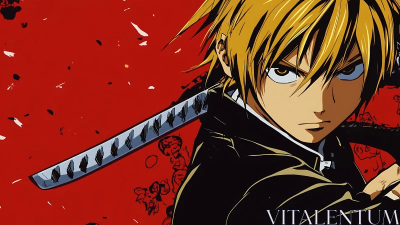 Fierce anime swordsman readies for action against red sky