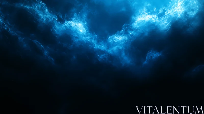 Blue luminous cloudscape in deep dark abstract space.